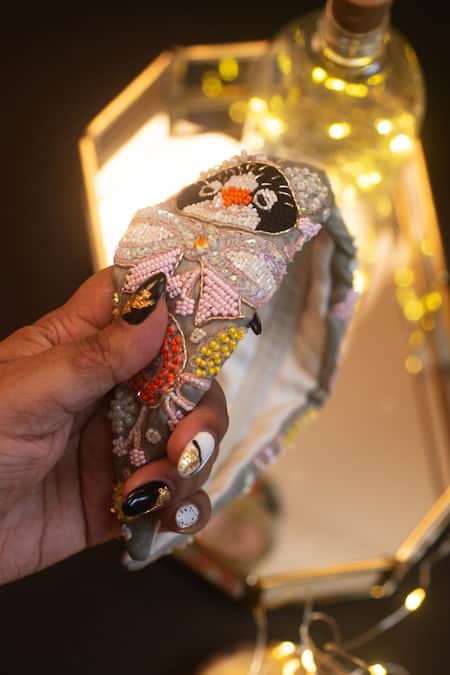 Choko Embellished Grey Silk Hairband 