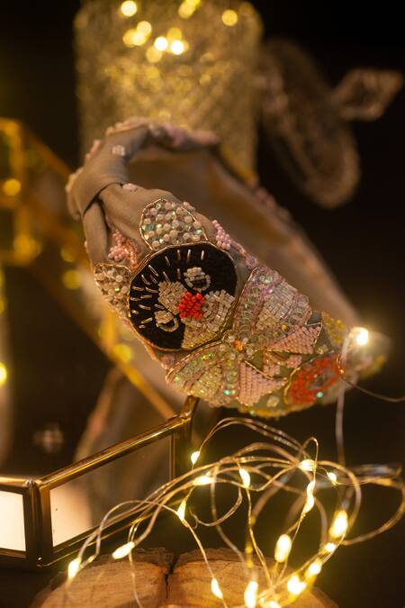 Choko_Gray Embellished Grey Silk Hairband _Online_at_Aza_Fashions