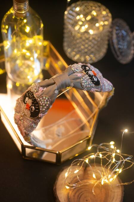 Choko_Gray Embellished Grey Silk Hairband _at_Aza_Fashions