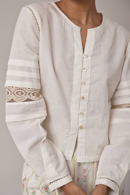 Shop Pallavi Kandoi White 100% Cotton Lace , Thread Round Floral Embroidered Back Shirt Online at Aza Fashions Shop_Pallavi Kandoi_White 100% Cotton Lace , Thread Round Floral Embroidered Back Shirt_Online_at_Aza_Fashions