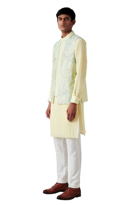 Amaare_Yellow Raw Silk Floral Embroidered Bundi And Kurta Set _Online_at_Aza_Fashions