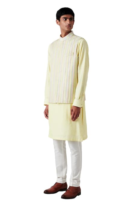 Amaare_Yellow Raw Silk Striped Bundi And Kurta Set _Online_at_Aza_Fashions