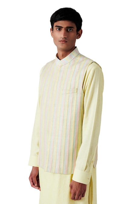 Buy_Amaare_Yellow Raw Silk Striped Bundi And Kurta Set _Online_at_Aza_Fashions