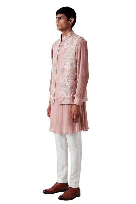 Amaare_Pink Raw Silk Floral Embroidered Bundi And Kurta Set _Online_at_Aza_Fashions