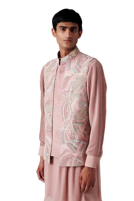 Buy_Amaare_Pink Raw Silk Floral Embroidered Bundi And Kurta Set _Online_at_Aza_Fashions