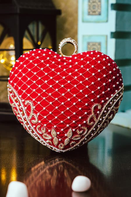 NR BY NIDHI RATHI Red Embroidered Velvet Heart Clutch 