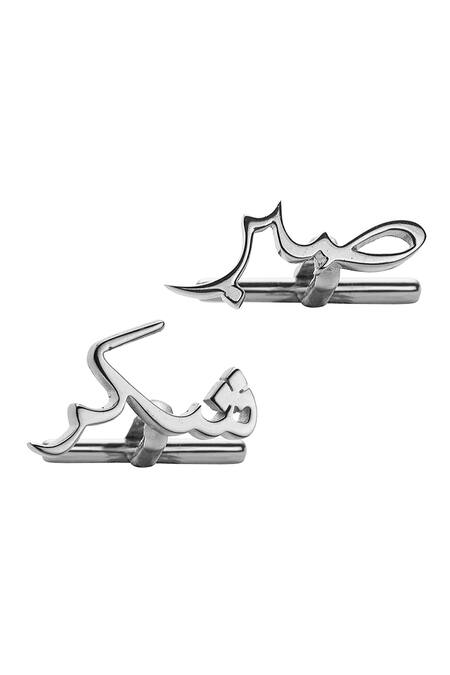 Shop Eina Ahluwalia Silver Sabr And Shukr Cufflinks Set Of 2 at Aza Fashions Shop_Eina Ahluwalia_Silver Sabr And Shukr Cufflinks Set Of 2_at_Aza_Fashions