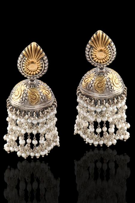 Noor_Gold Plated Pearls Carved Jhumkas_Online_at_Aza_Fashions