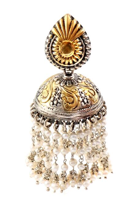 Buy_Noor_Gold Plated Pearls Carved Jhumkas_Online_at_Aza_Fashions
