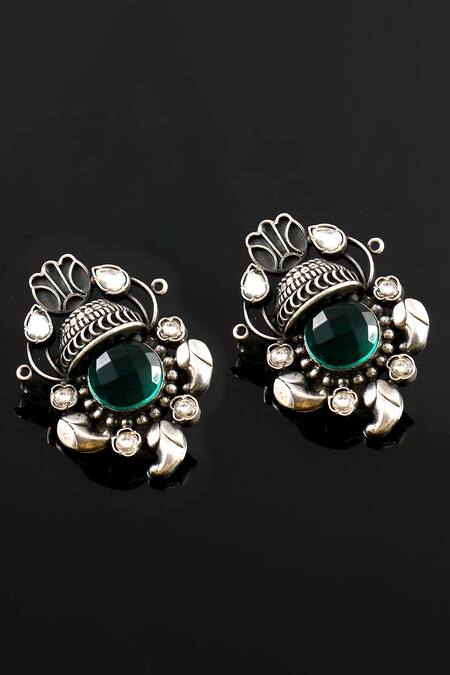 Buy_Noor_Silver Plated Stones, Diamonds Kundan Embellished Stud Earrings_Online_at_Aza_Fashions