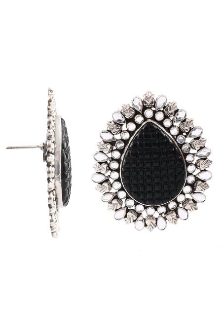 Noor_Black Stone Tear Drop Shaped Stud Earrings _Online_at_Aza_Fashions
