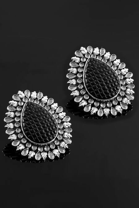 Buy_Noor_Black Stone Tear Drop Shaped Stud Earrings _Online_at_Aza_Fashions