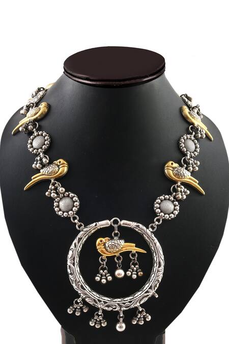 Noor_Gold Plated Bird Motif Long Necklace_Online_at_Aza_Fashions