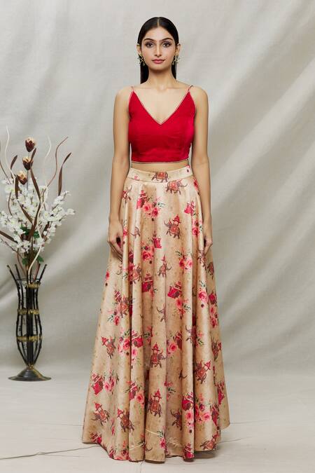 Kommal Sood_Beige Dupion Elephant And Floral V Neck Print Lehenga Set _Online_at_Aza_Fashions