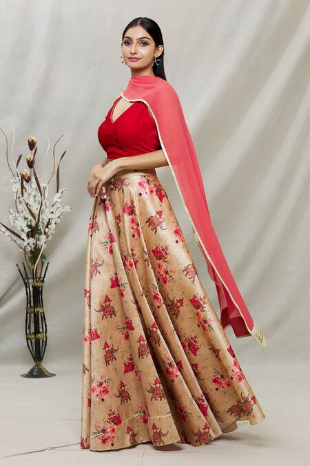 Buy_Kommal Sood_Beige Dupion Elephant And Floral V Neck Print Lehenga Set _Online_at_Aza_Fashions