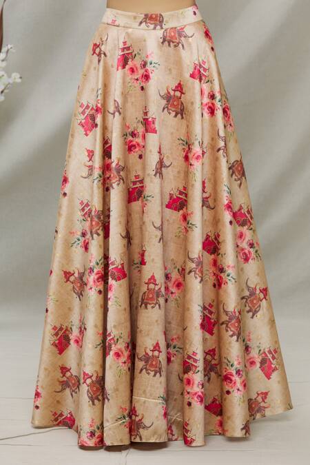 Kommal Sood_Beige Dupion Elephant And Floral V Neck Print Lehenga Set _at_Aza_Fashions