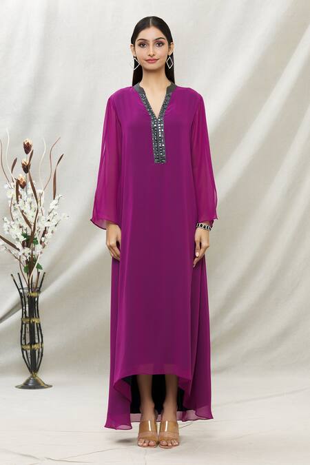 Shop_Kommal Sood_Purple Georgette Embellished Stone Band Asymmetric Tunic  _Online_at_Aza_Fashions