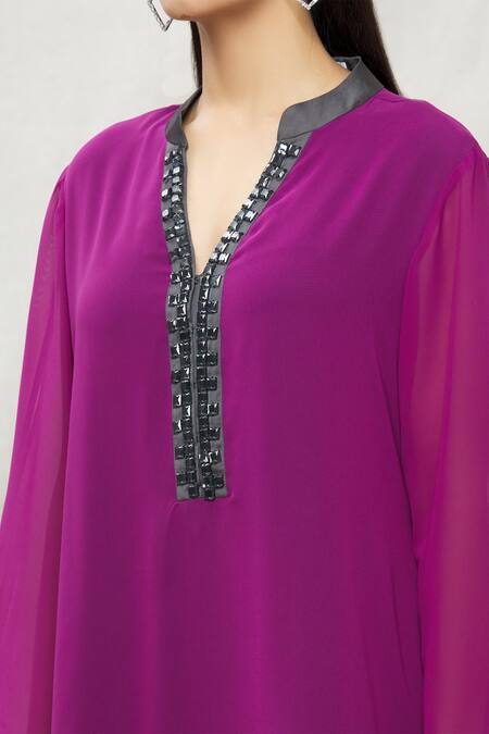 Kommal Sood_Purple Georgette Embellished Stone Band Asymmetric Tunic  _at_Aza_Fashions