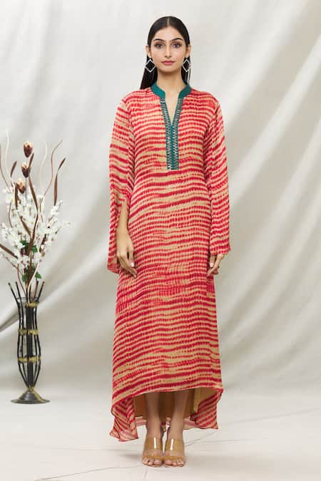 Kommal Sood_Beige Satin Tie Dye And Embellished Stone Band Tunic  _Online_at_Aza_Fashions