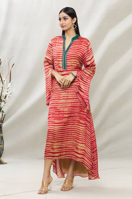 Buy_Kommal Sood_Beige Satin Tie Dye And Embellished Stone Band Tunic  _Online_at_Aza_Fashions