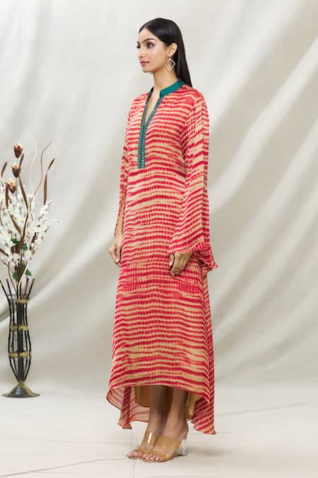 Shop_Kommal Sood_Beige Satin Tie Dye And Embellished Stone Band Tunic  _Online_at_Aza_Fashions