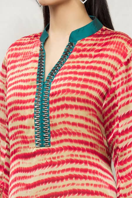 Kommal Sood_Beige Satin Tie Dye And Embellished Stone Band Tunic  _at_Aza_Fashions