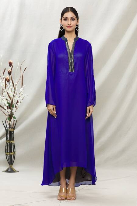 Kommal Sood_Blue Georgette Embellished Stone Band Asymmetric Tunic  _Online_at_Aza_Fashions