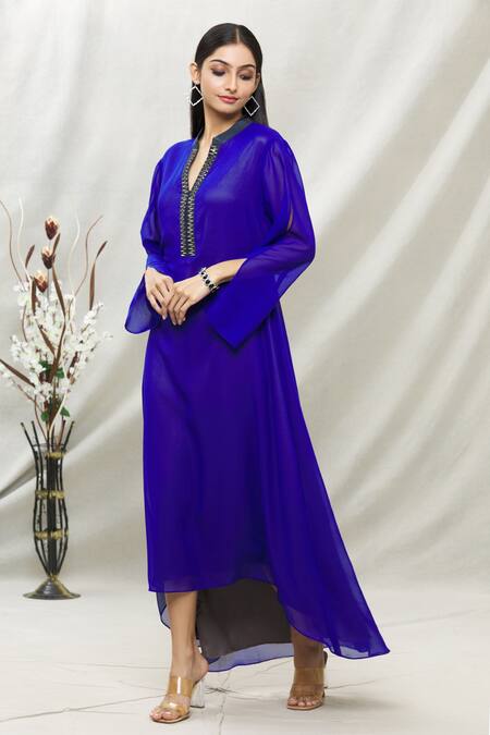 Buy_Kommal Sood_Blue Georgette Embellished Stone Band Asymmetric Tunic  _Online_at_Aza_Fashions