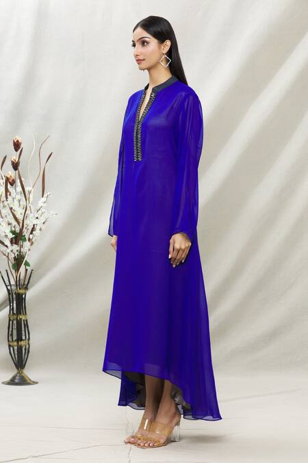 Shop_Kommal Sood_Blue Georgette Embellished Stone Band Asymmetric Tunic  _Online_at_Aza_Fashions