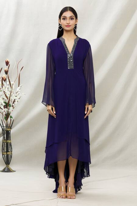 Kommal Sood_Blue Georgette Embellished Stone Band Layered Collar Tunic  _Online_at_Aza_Fashions