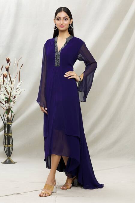 Buy_Kommal Sood_Blue Georgette Embellished Stone Band Layered Collar Tunic  _Online_at_Aza_Fashions