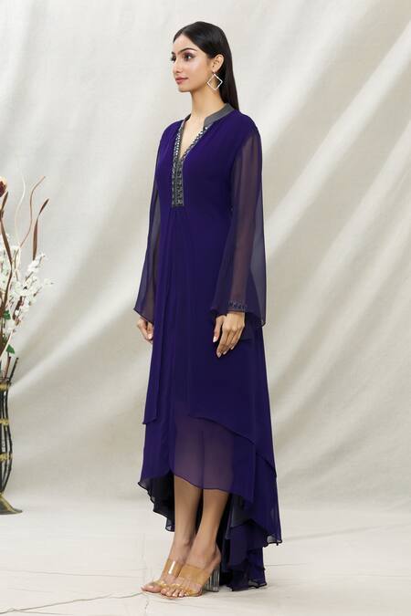 Shop_Kommal Sood_Blue Georgette Embellished Stone Band Layered Collar Tunic  _Online_at_Aza_Fashions