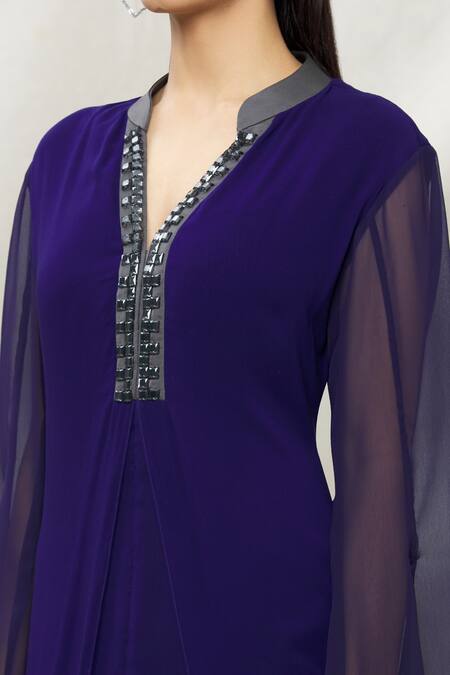 Kommal Sood_Blue Georgette Embellished Stone Band Layered Collar Tunic  _at_Aza_Fashions