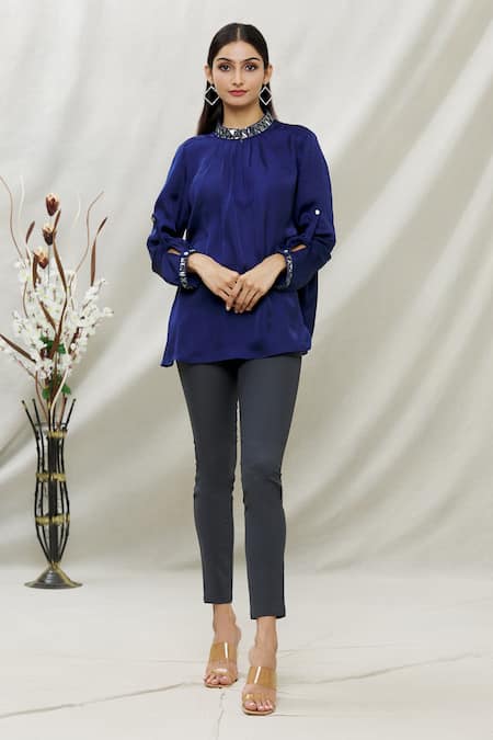 Buy_Kommal Sood_Blue Satin Embellished Stone High Neck Top  _Online_at_Aza_Fashions