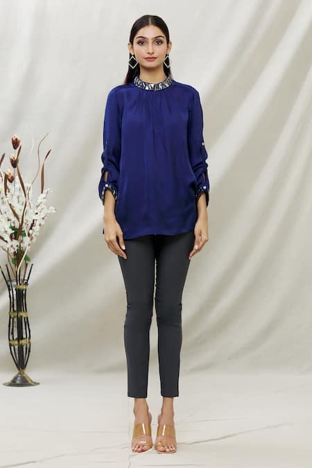 Shop_Kommal Sood_Blue Satin Embellished Stone High Neck Top  _Online_at_Aza_Fashions