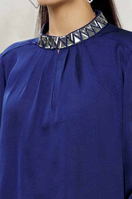 Kommal Sood_Blue Satin Embellished Stone High Neck Top  _at_Aza_Fashions