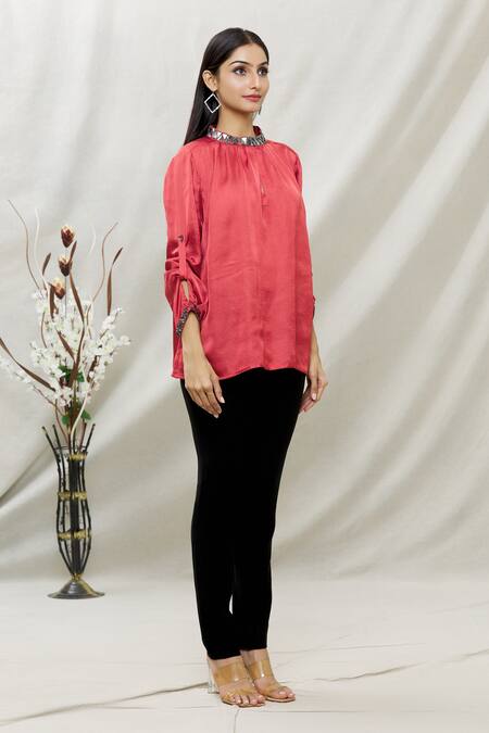 Kommal Sood_Red Satin Embellished Stone High Neck Top _Online_at_Aza_Fashions
