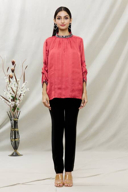 Shop_Kommal Sood_Red Satin Embellished Stone High Neck Top _Online_at_Aza_Fashions