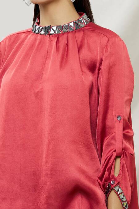 Kommal Sood_Red Satin Embellished Stone High Neck Top _at_Aza_Fashions