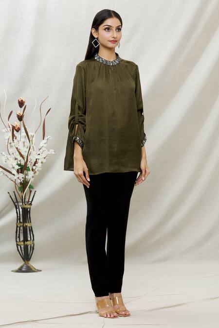 Kommal Sood_Brown Satin Embellished Stone High Neck Top  _Online_at_Aza_Fashions