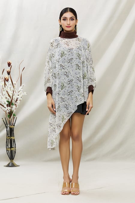 Kommal Sood_Off White Georgette Paisley High Print Dress With Inner _Online_at_Aza_Fashions