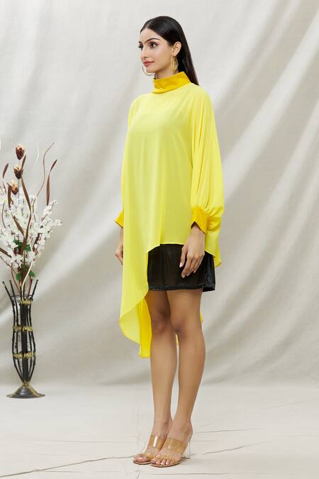 Shop Kommal Sood Yellow Georgette High Neck Dress With Inner Online at Aza Fashions Shop_Kommal Sood_Yellow Georgette High Neck Dress With Inner _Online_at_Aza_Fashions