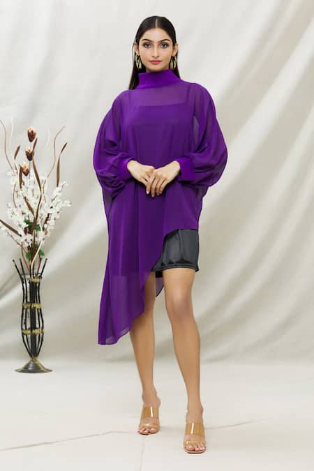Buy Kommal Sood Purple Georgette High Neck Dress With Inner at Aza Fashions Buy_Kommal Sood_Purple Georgette High Neck Dress With Inner _at_Aza_Fashions