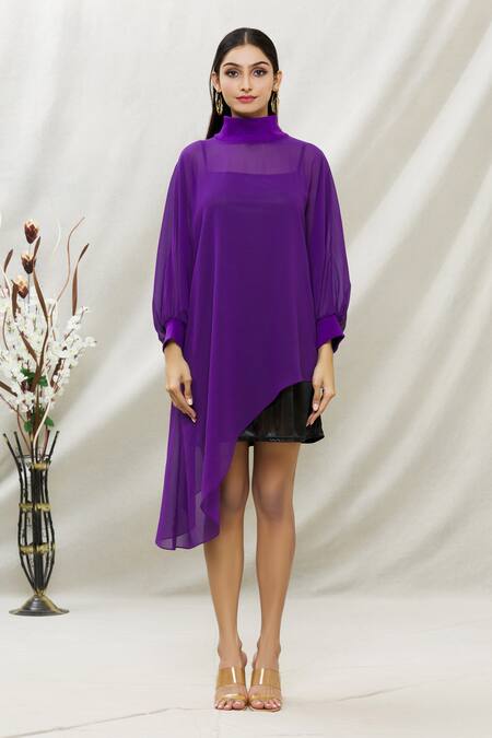 Kommal Sood Purple Georgette High Neck Dress With Inner Online at Aza Fashions Kommal Sood_Purple Georgette High Neck Dress With Inner _Online_at_Aza_Fashions