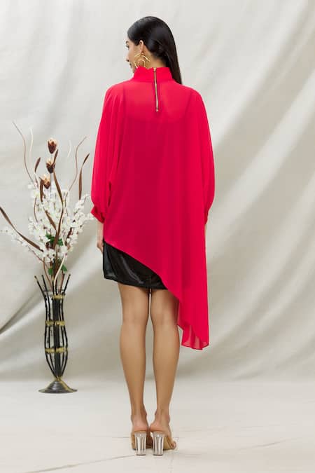 Shop Kommal Sood Red Georgette High Neck Dress With Inner at Aza Fashions Shop_Kommal Sood_Red Georgette High Neck Dress With Inner _at_Aza_Fashions