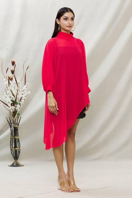 Kommal Sood Red Georgette High Neck Dress With Inner Online at Aza Fashions Kommal Sood_Red Georgette High Neck Dress With Inner _Online_at_Aza_Fashions