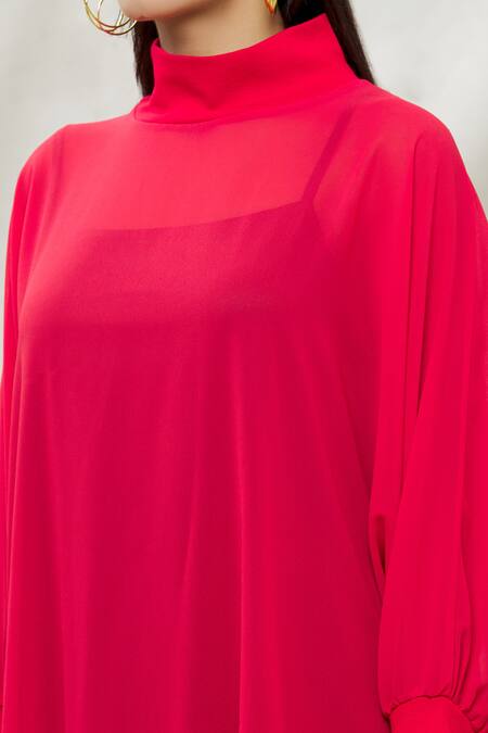 Shop Kommal Sood Red Georgette High Neck Dress With Inner Online at Aza Fashions Shop_Kommal Sood_Red Georgette High Neck Dress With Inner _Online_at_Aza_Fashions