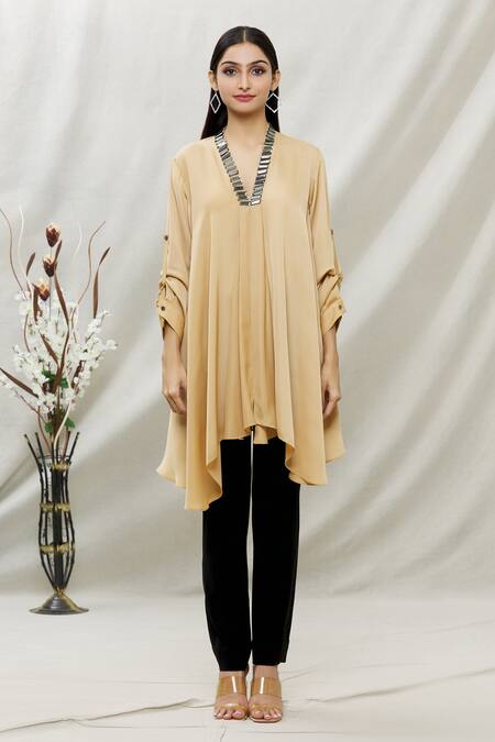 Buy_Kommal Sood_Beige Satin Embellished Stone V Neck Asymmetric Tunic  _Online_at_Aza_Fashions