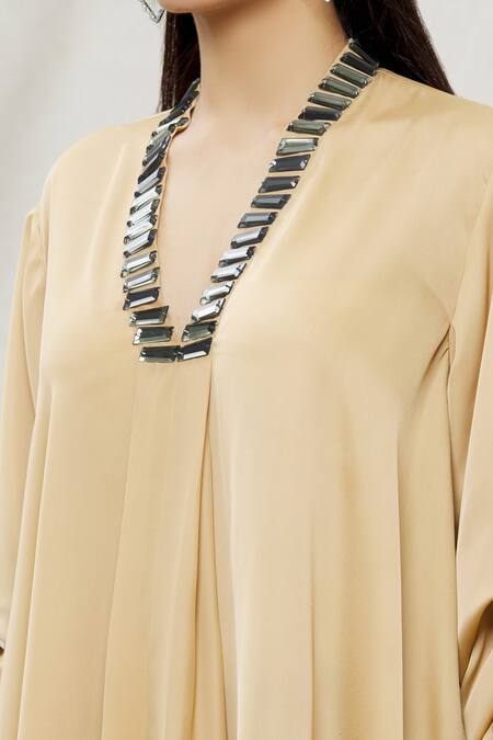 Kommal Sood_Beige Satin Embellished Stone V Neck Asymmetric Tunic  _at_Aza_Fashions