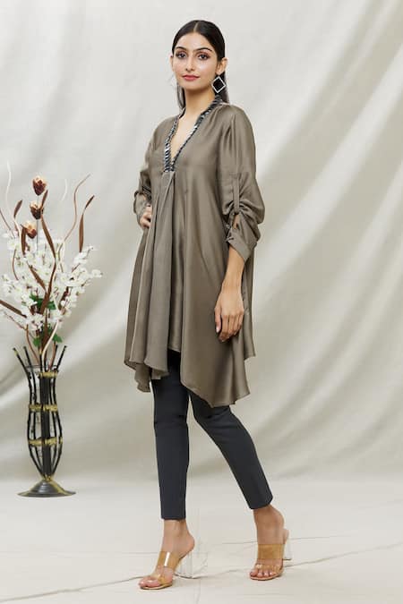 Buy_Kommal Sood_Grey Satin Embellished Stone V Neck Asymmetric Tunic  _Online_at_Aza_Fashions